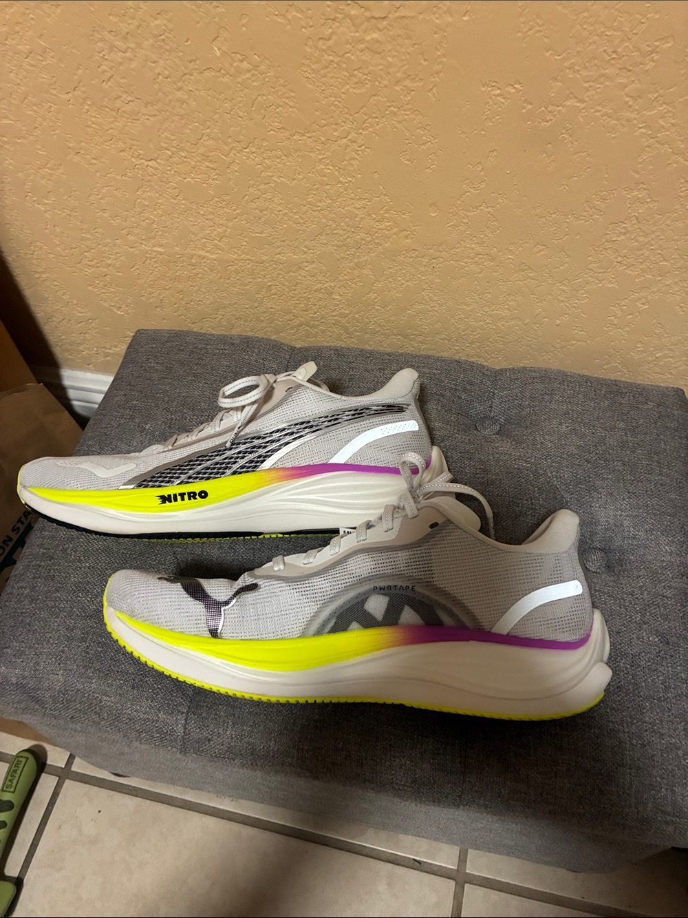 Puma Women's Light Gray Running Shoes with Neon Yellow & Purple Trim
